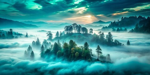 Ethereal Dreamscapes rift Crisp misty landscapes merging earthly realms with nebulous skies, soft focus, eerie atmosphere, muted blue-green hues, surreal, mysterious, and hauntingly beautiful.
