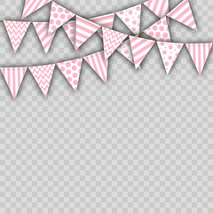 holiday flags, vector illustration of several streamers with triangular flags en soft pink tones. isolated. design element for cards, greetings, a holiday for a girl