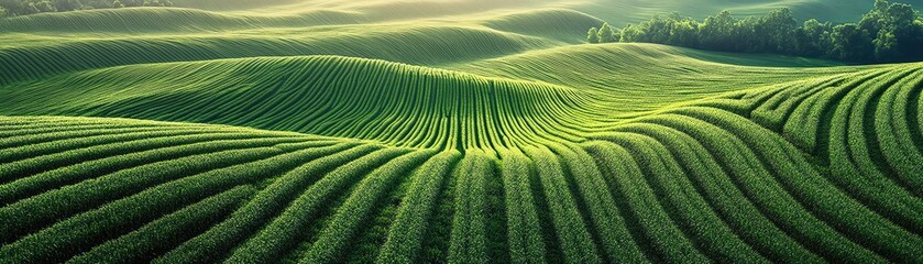 Fototapeta premium Aerial view of lush green agricultural fields, neatly aligned rows