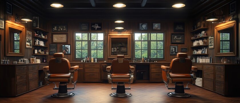 Classic barbershop interior with leather chairs, bathed in warm, ambient lighting