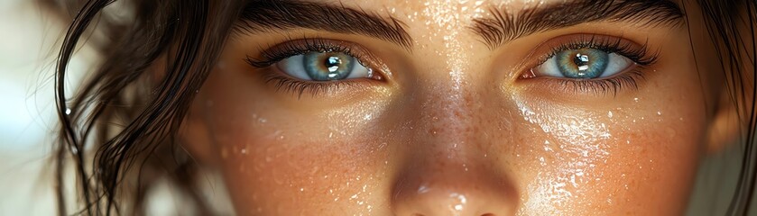 Fototapeta premium Closeup of a womans dewy, fresh makeup look, with tousled hair and soft lighting