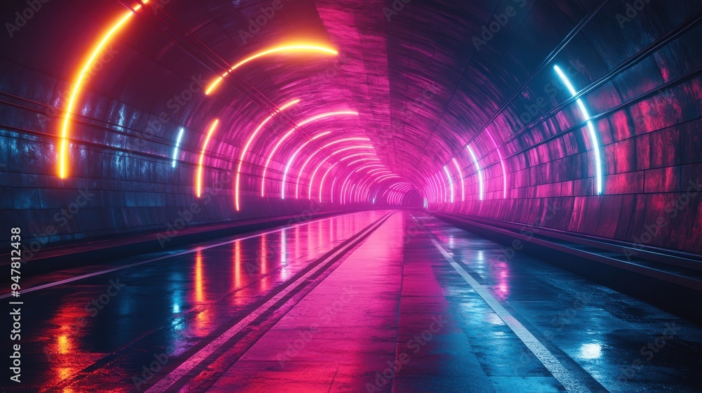 Poster 3d render abstract colorful neon backgroun3d tunnel turning to the right ultra violet rays glowing l