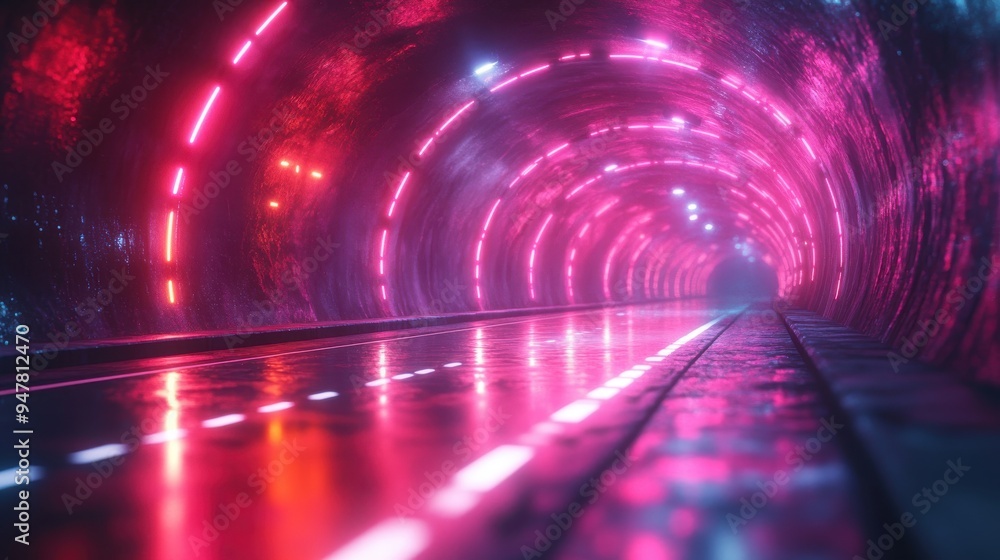 Poster 3d render abstract colorful neon backgroun3d tunnel turning to the right ultra violet rays glowing l