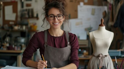 A young designer working on a fashion project in her studio, surrounded by tools and inspiration.