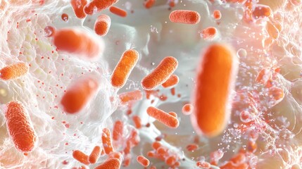 Naklejka premium A detailed microscopic view of bacteria interacting with plasma within a vein, set against an abstract, textured background.