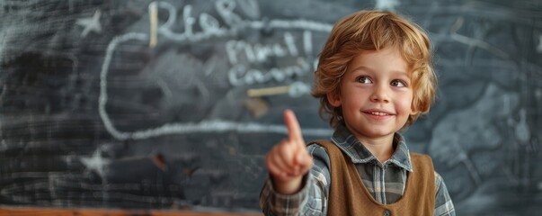 Smiling young schoolboy with curly hair in a classroom, standing in front of a chalkboard. Free copy space for text.