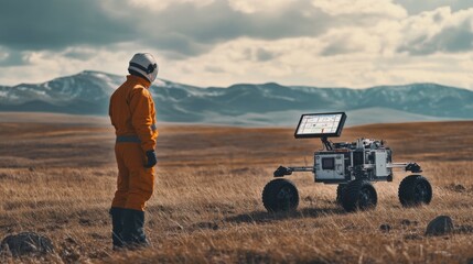 Obraz premium A scientist observes a robotic rover in a vast, open landscape, showcasing technology and exploration in a remote environment.