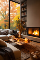 Cozy living room with fireplace in autumn