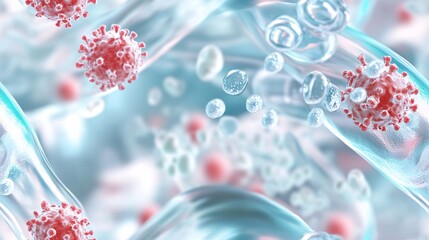 An intricate depiction of plasma and bacterial infection at a microscopic level, contrasted against a soft, abstract backdrop.