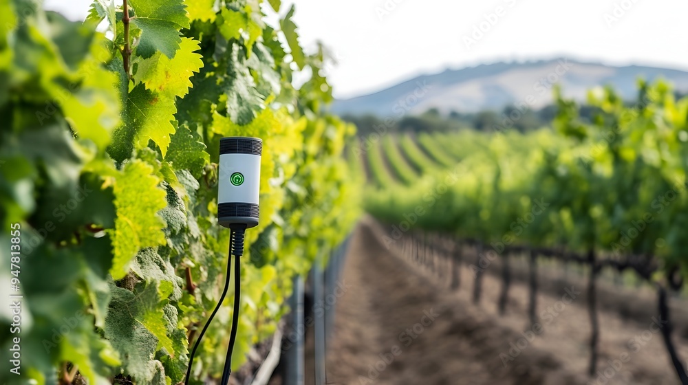 Poster advanced iot sensors deployed in a vineyard measuring critical environmental factors like temperatur