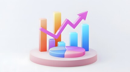 
lying composition 3d icon, UI icon, a chart icon, bar chart has a rising arrow on it, bar chart, pie chart, a rising arrow, frosted glass, transparent, white background, transparent technology sense