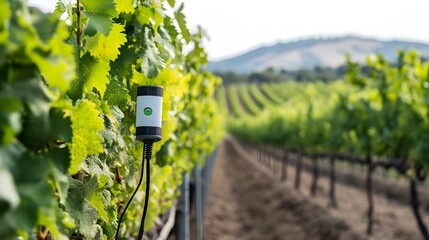 Advanced IoT sensors deployed in a vineyard measuring critical environmental factors like temperature and moisture levels to enable precision farming and promote sustainable agricultural practices