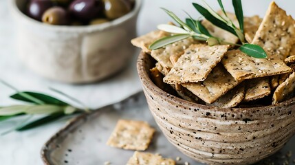 Brown wood seed crackers next to a bowl filled with leafy olives