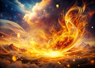 Ethereal whimsy fusion of vibrant scribbles swirling around fiery elemental flames, misty atmosphere, warm golden light, rich textures, dreamy blur, energetic movement, cosmic essence.