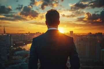 Fototapeta premium A businessman gazes at a vibrant sunset over a bustling city, symbolizing ambition and reflection.