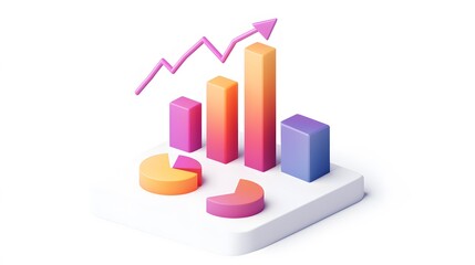 
lying composition 3d icon, UI icon, a chart icon, bar chart has a rising arrow on it, bar chart, pie chart, a rising arrow, frosted glass, transparent, white background, transparent technology sense