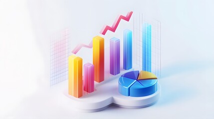 
lying composition 3d icon, UI icon, a chart icon, bar chart has a rising arrow on it, bar chart, pie chart, a rising arrow, frosted glass, transparent, white background, transparent technology sense