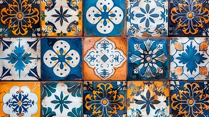 Vibrant ceramic tiles featuring detailed blue, orange, and white patterns form an intricate design. The background includes space for text.