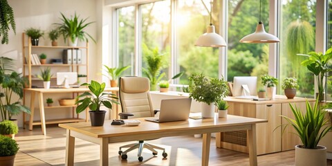 Fototapeta premium flawless light-filled modern Minimalist workspace surrounded by lush greenery calm atmosphere warm beige tones soft focus blurred background highlighting efficient organized supportive 