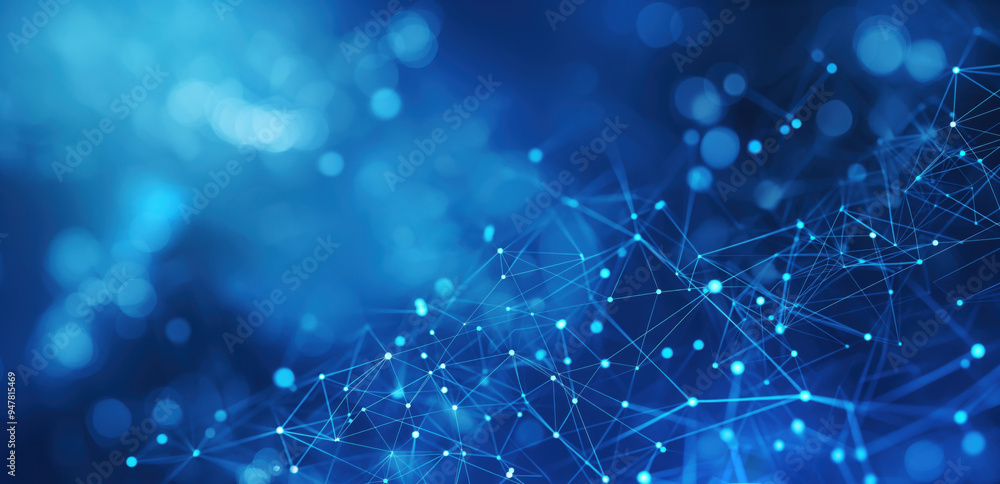 Fototapete abstract tech digital blue background with network lines and dots connecting in dynamic pattern. mod