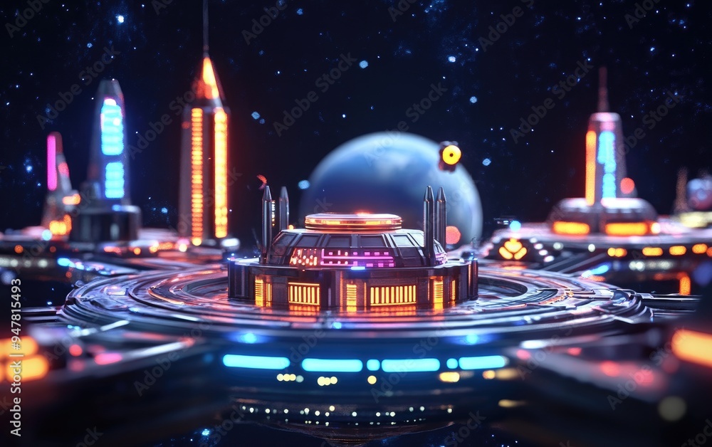 Fototapete 3d cartoon rendering of a space station orbiting a planet with a dark background