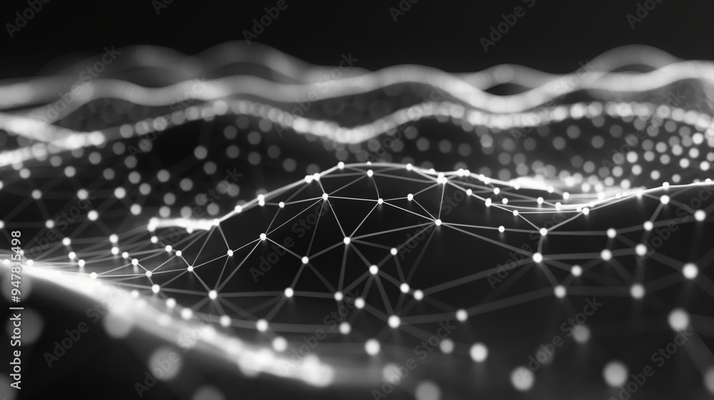 Poster Abstract tech digital black background with network lines and dots connecting in dynamic pattern. Modern cyber technology, data networks, ai, futuristic design