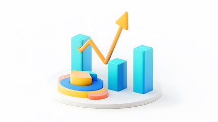 
lying composition 3d icon, UI icon, a chart icon, bar chart has a rising arrow on it, bar chart, pie chart, a rising arrow, frosted glass, transparent, white background, transparent technology sense