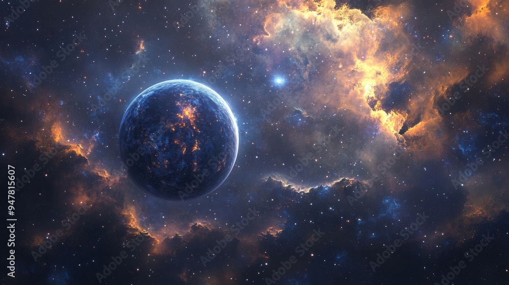 Poster Illustration of a deep space star field with a universe filled with gas and distant stars in a 3D cartoon rendering