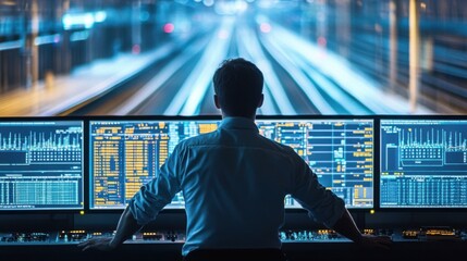 A professional observing data on multiple screens in a high-tech environment, showcasing modern technology and analytics.