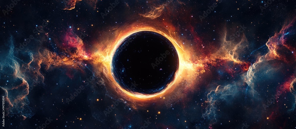 Poster Stars and material fall into a black hole in this 3D cartoon rendering An abstract space wallpaper featuring a black hole surrounded by a nebula colorful stars and cloud fields in outer space