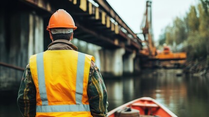 A construction worker in a safety vest and helmet observes a bridge and excavation site from a boat on a calm river.