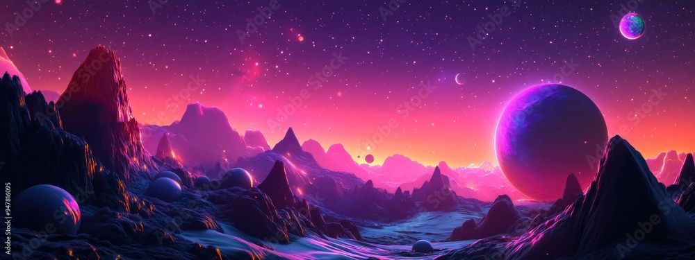 Poster Cartoon 3D depiction of stars within a planet and galaxy in open space