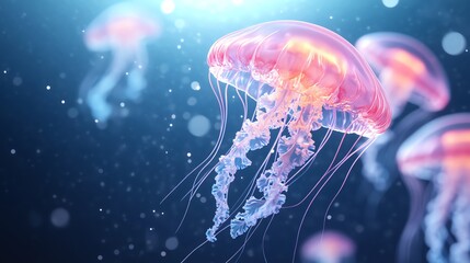 Glowing jellyfish in deep blue ocean, illuminating their surroundings, underwater glowtime, captivating and surreal marine life