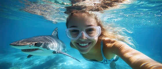 Naklejka premium Underwater selfie with a smiling girl and a curious shark, playful and adventurous, clear blue water