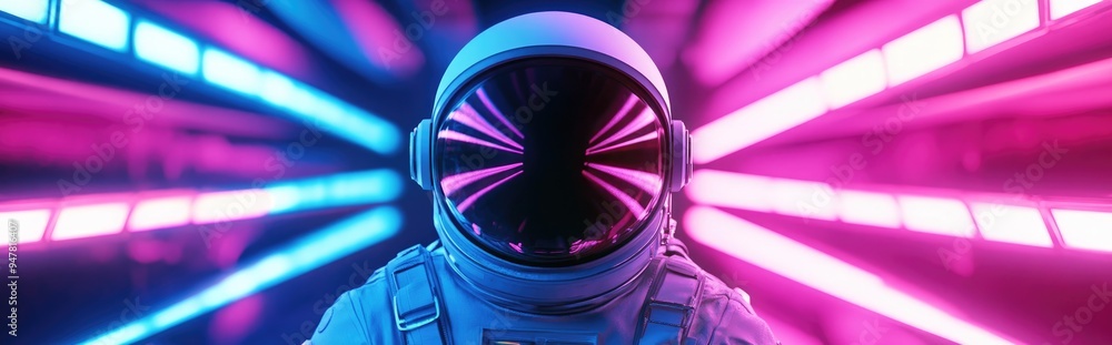 Aufkleber cartoon style 3d rendering of an astronaut amidst vibrant neon lights featuring a retro 80s synthwav