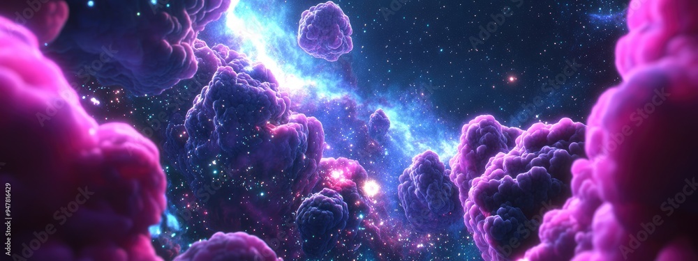 Poster outer space art in a 3d cartoon rendering featuring an incredible starfield and stunning nebulae