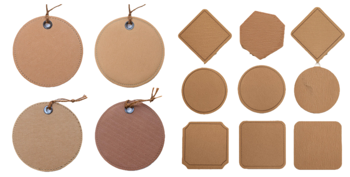 Collection of round and square price tags in various shades isolated on transparent background