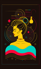 A woman with a bottle of perfume on her head. The bottle is in the middle of the image