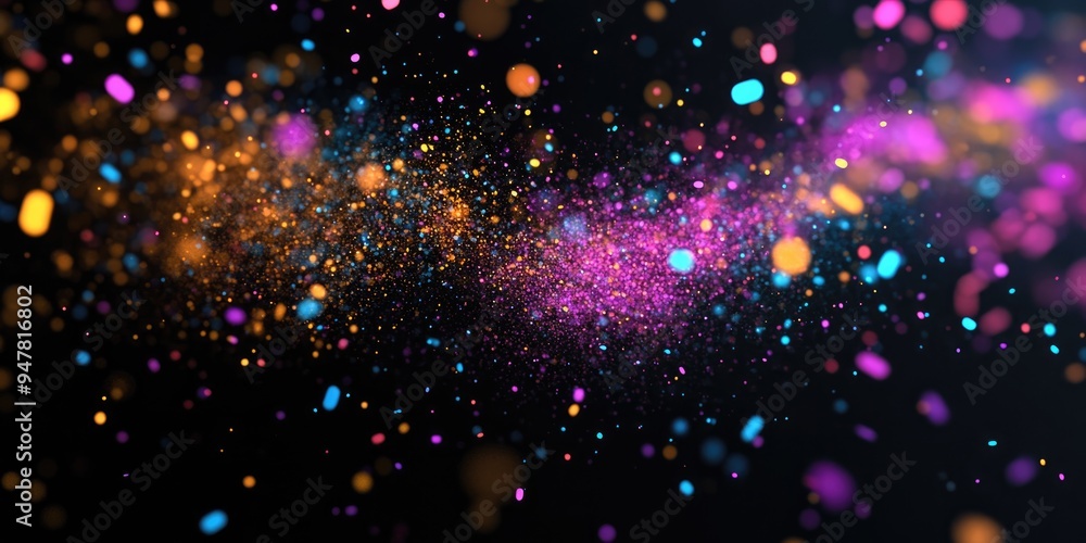 Leinwandbilder Freeze motion of multicolored particles in 3D cartoon rendering on a black background Abstract explosion of colored granules Texture of color dust overlay