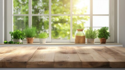 Fototapeta premium Wooden table in modern kitchen with blurred background. Wood rustic counter for product display, showcasing bright and clean interior design, ideal for cooking and home lifestyle