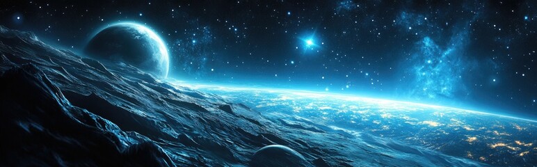 Fototapeta premium 2D illustration in a 3D cartoon rendering style Vast deep space with bright stars planets and moons A variety of science fiction inspired backdrops Space themed art featuring alien solar systems a