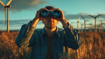 Fototapeta premium A man observes nature using binoculars amidst a field of wind turbines, enjoying the scenic landscape at dusk.