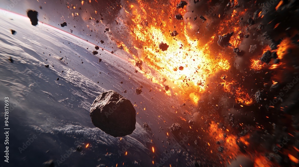 Poster cartoon rendering in 3d depicting an asteroid attack on earth