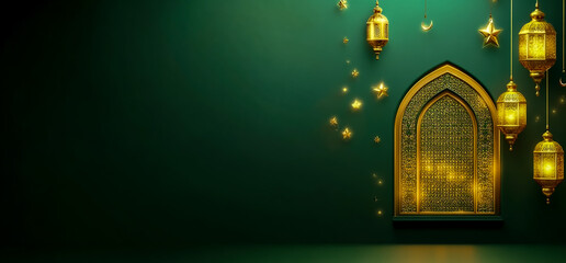 Green banner with golden Ramadan elements, mosque window