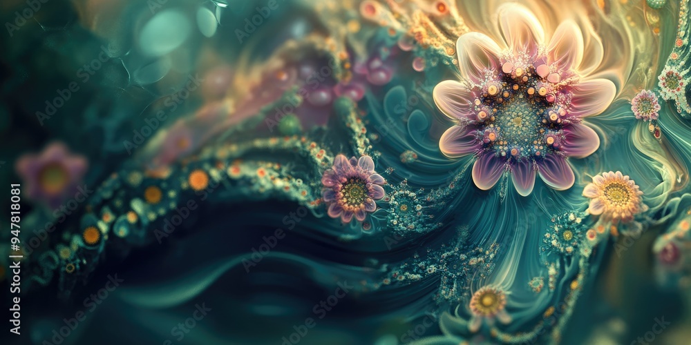 Poster Abstract fractal patterns and shapes in a 3D cartoon rendering Dynamic flowing natural forms flowers and spirals create a mysterious psychedelic relaxation pattern