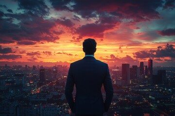 Fototapeta premium A silhouette of a businessman observing a vibrant sunset over a bustling cityscape, representing ambition and contemplation.