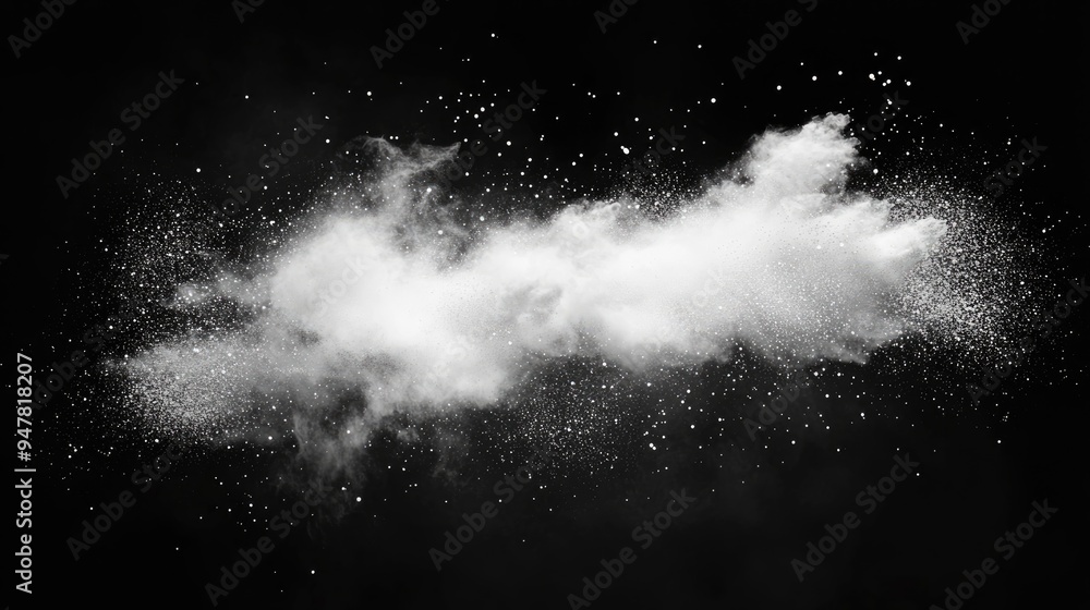 Leinwandbilder Freeze motion of white particles on a black background in a 3D cartoon rendering Abstract dust explosion texture overlay