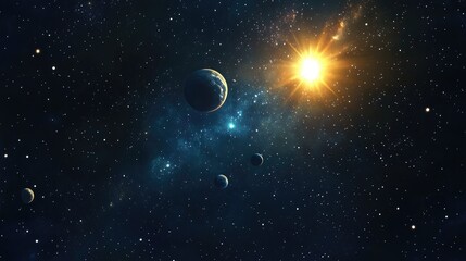2D illustration featuring a 3D cartoon rendering of deep vast space with bright stars planets and moons A variety of imaginative science fiction backdrops and alien solar systems create a realistic
