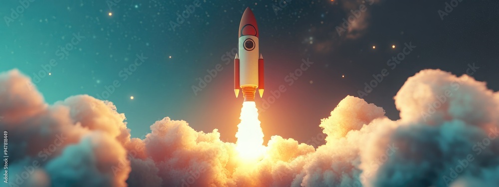 Aufkleber 3d cartoon depiction of a rocket launch with smoke as it ascends into space the spaceship initiates 