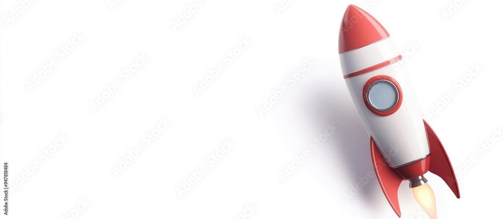 Poster Flying business rocket in a 3D cartoon rendering on a white background Successful infographic representing innovation project growth and startup concepts
